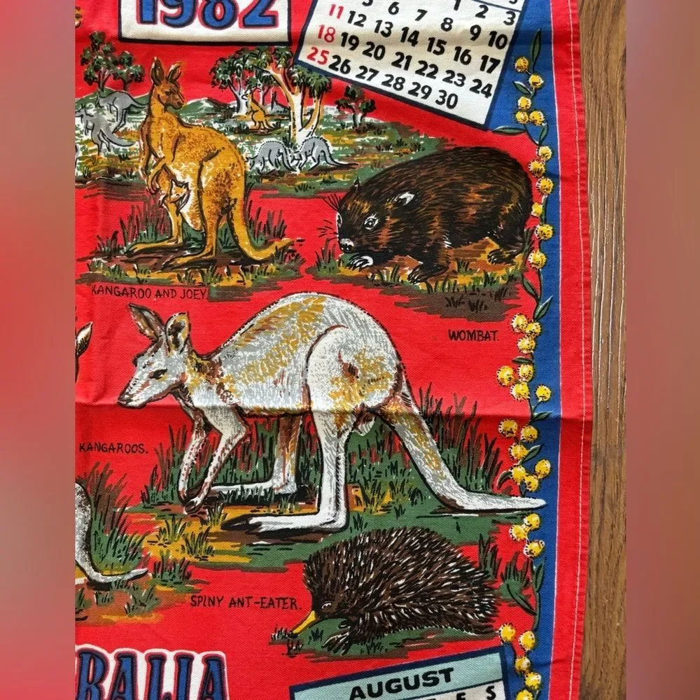 Vintage Red Calendar Tea Towel 1982 Australia Cotton 28”x17.5” Kangaroo Birds
